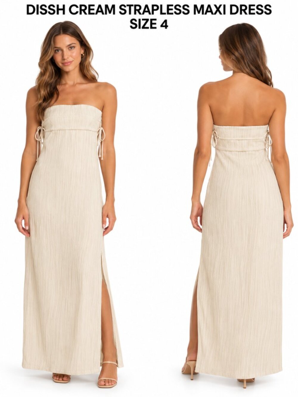 DISSH Cream Strapless Textured Maxi Dress Size 4 Side Ties